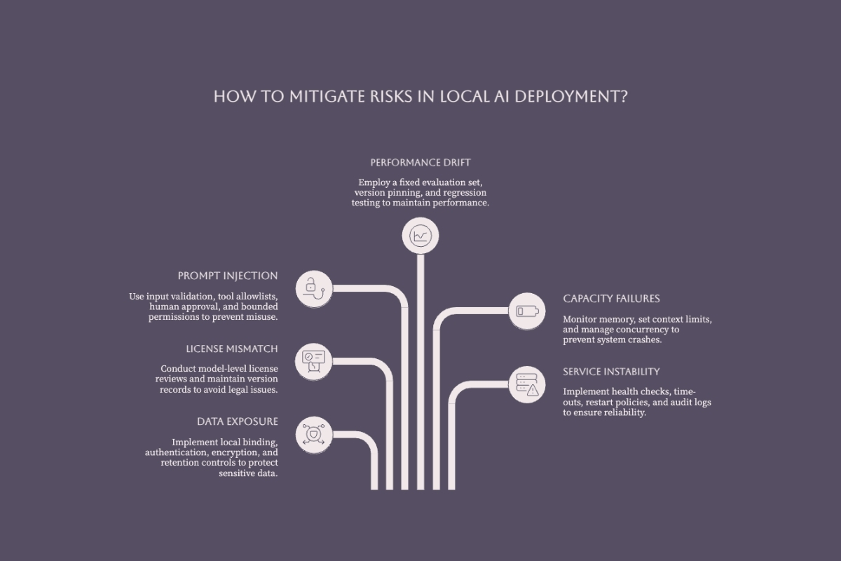 Local AI deployment risks and controls for data licenses prompt injection performance capacity and service stability