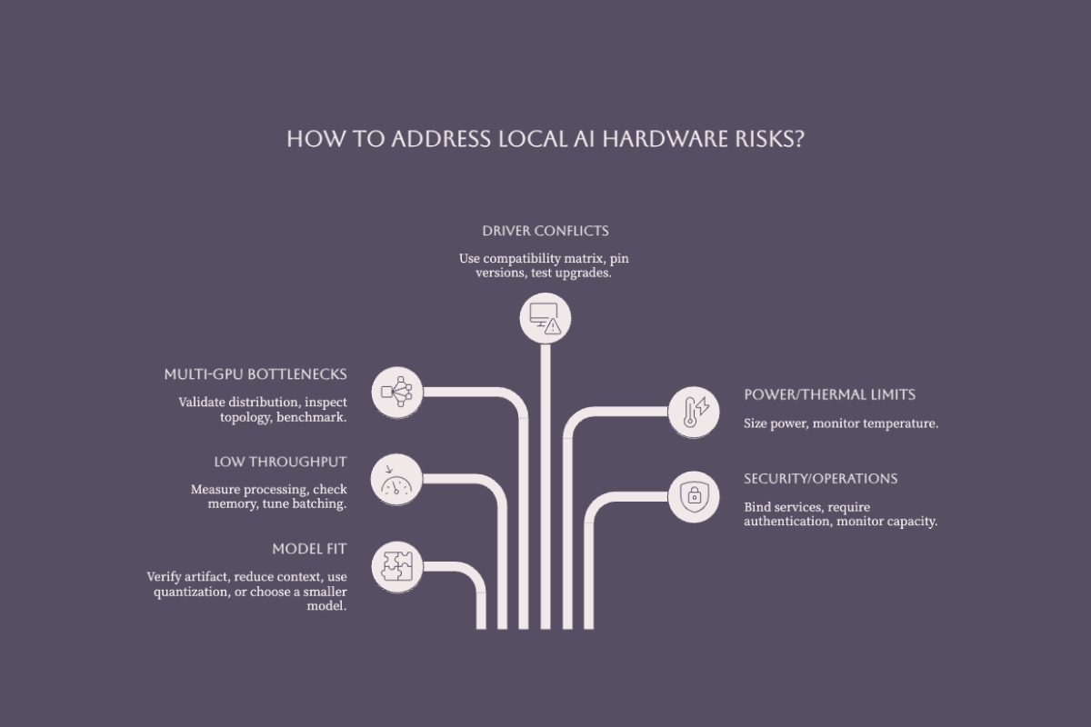 Local AI hardware risks and controls for model fit throughput multi-GPU bottlenecks runtime conflicts power thermals and security