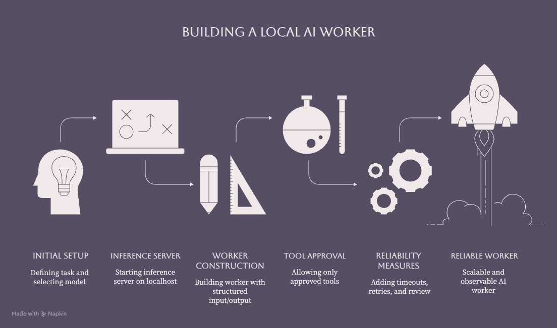 Six-stage process for building a reliable local AI worker from initial setup through tool approval testing and observability