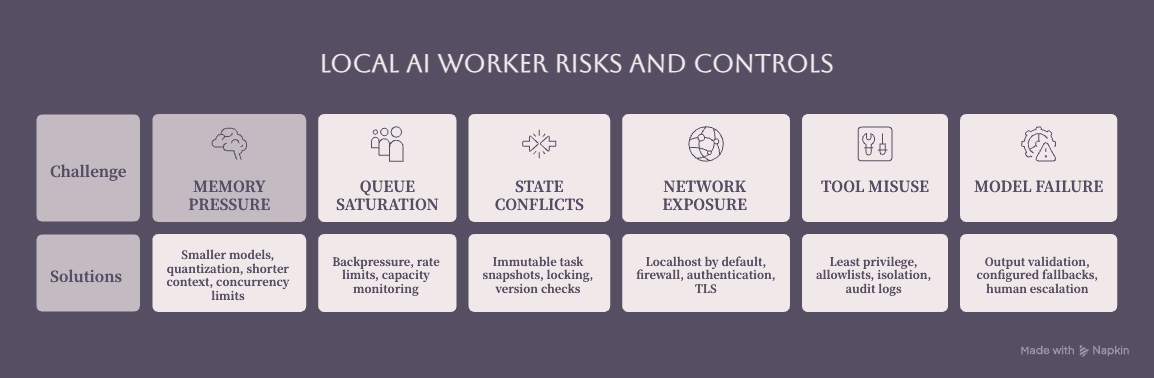 Local AI worker risks and controls for memory queues state network exposure tools and model failures